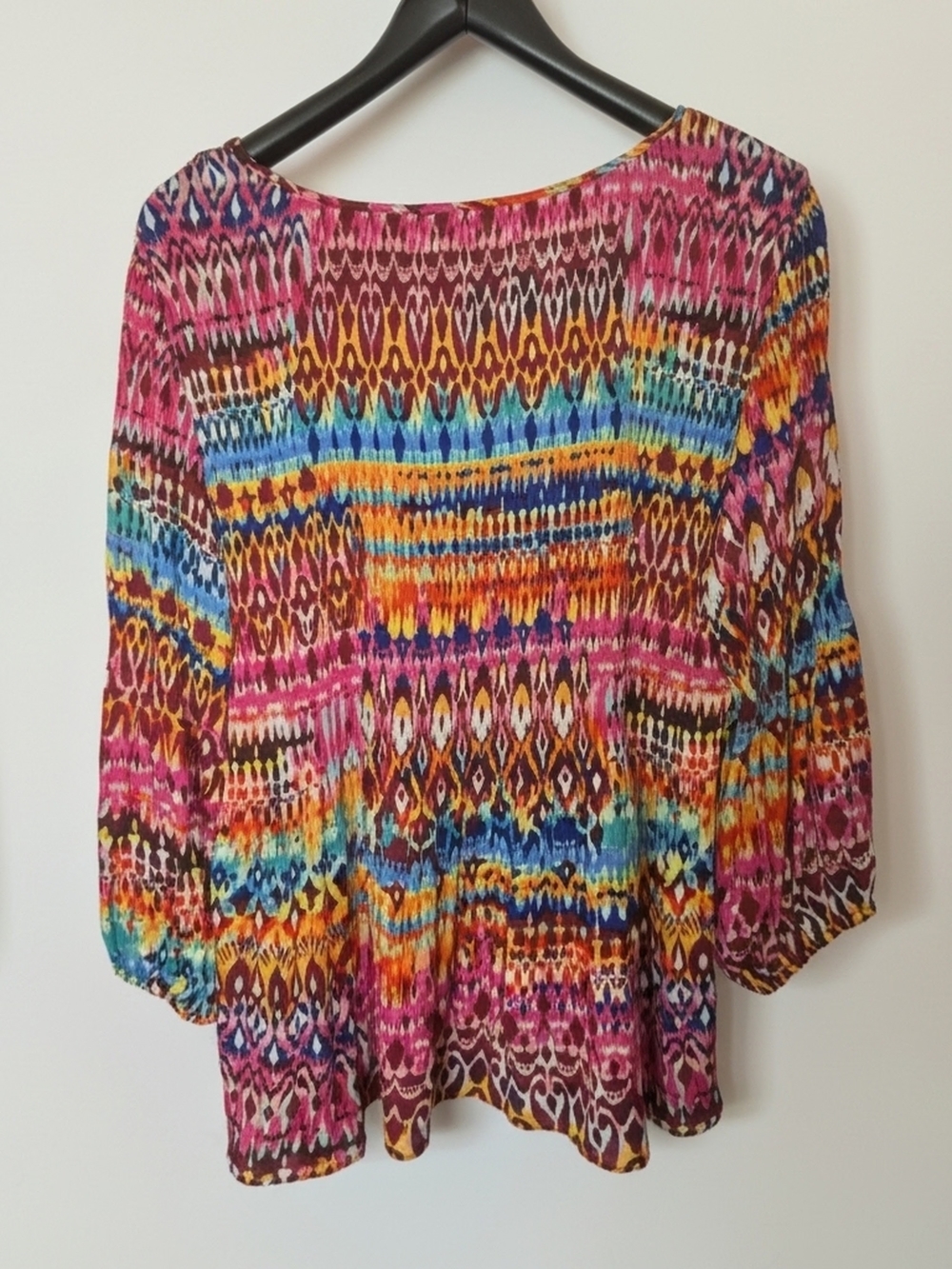 NWT Ninety Clothing Multi Color Geometric Ikat Print Pleated Boho Blouse 2X - Picture 8 of 16